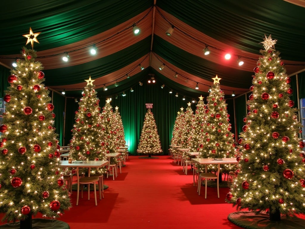 The image depicts a beautifully decorated indoor venue for a Christmas celebration. Numerous Christmas trees are lined up along a vibrant red carpet, each adorned with sparkling lights and shiny ornaments. The overall decoration features a lush green canopy overhead and warm glowing lights that create a festive atmosphere. Tables are placed strategically in the space, waiting for guests to gather for holiday festivities. The scene is inviting and captures the spirit of Christmas celebrations.