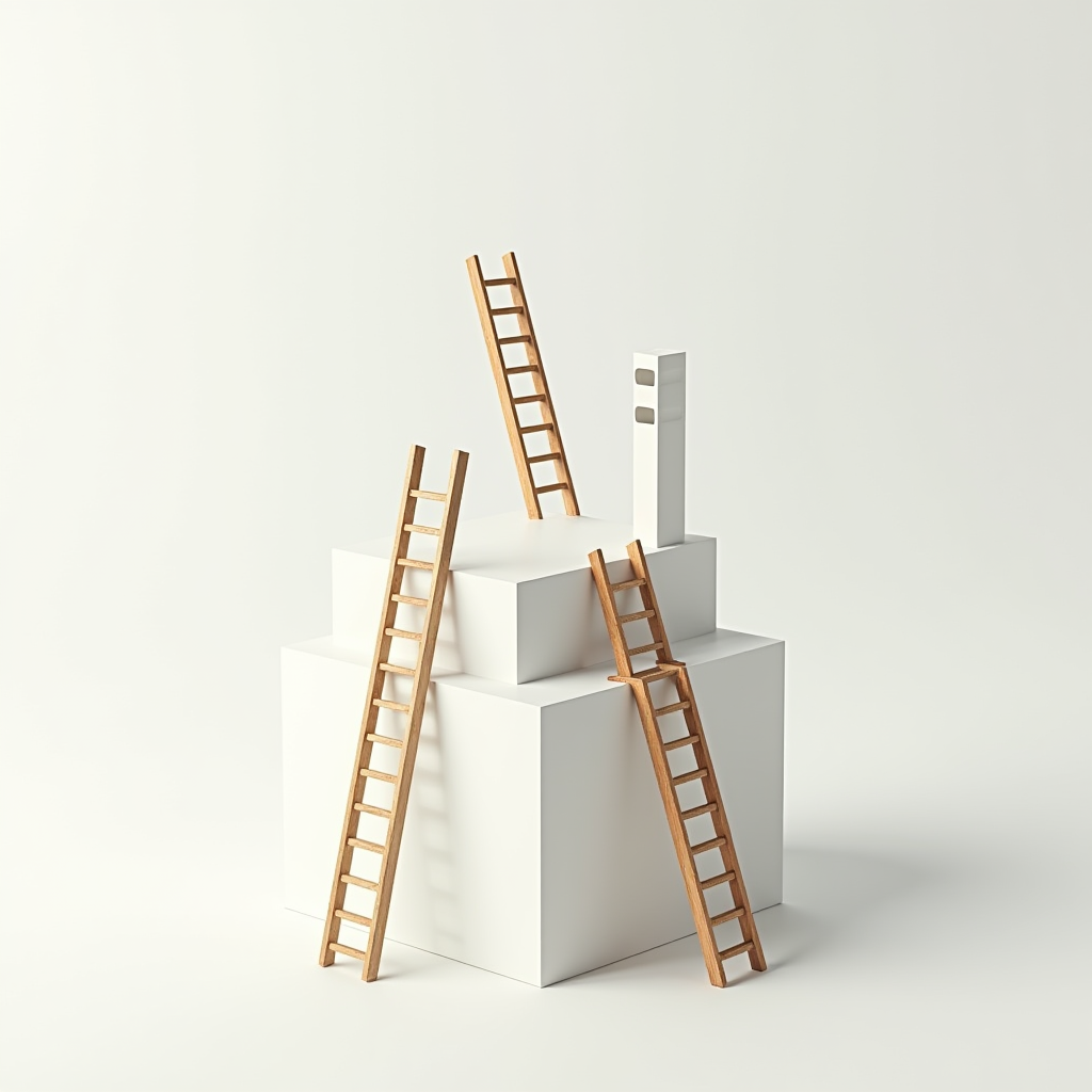 A minimalist scene with four wooden ladders leaning against stacked white cubes, suggesting ascension and structure.