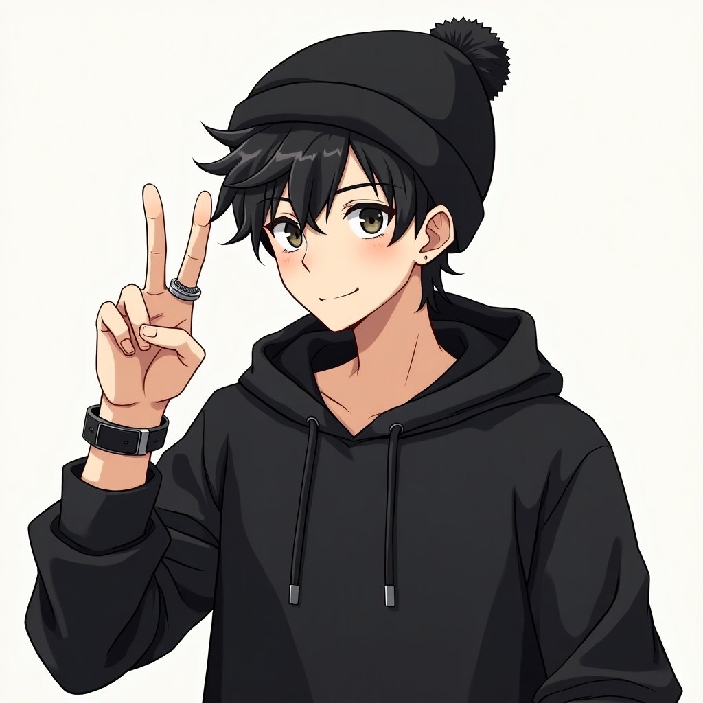 This illustration features a young boy with a stylish appearance, drawn in a popular anime style. He has striking facial features and messy hair styled in a trendy way. Dressed in a black hoodie and a beanie, his look is effortlessly casual yet appealing. He raises one hand in a cheerful peace sign, which adds a friendly vibe to the character. Accessories like a ring and a watch complement his modern outfit, making him relatable to a younger audience.