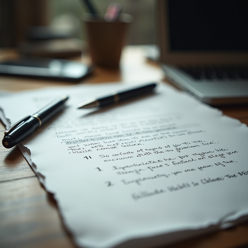 A handwritten page lies on a wooden desk with two pens and a laptop nearby.