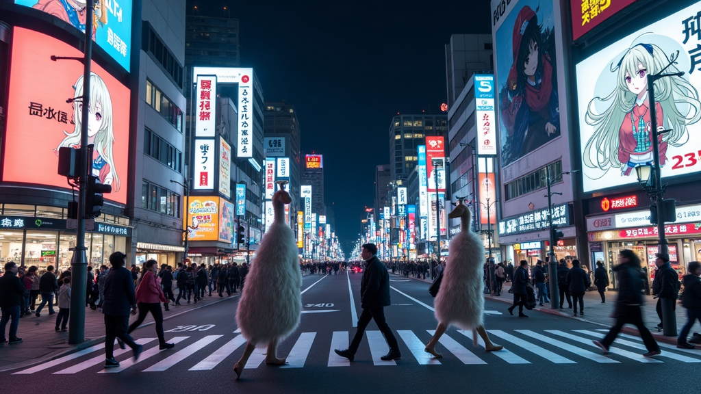 A lively urban night scene with alpacas crossing a busy, brightly lit street filled with pedestrians and anime billboards.