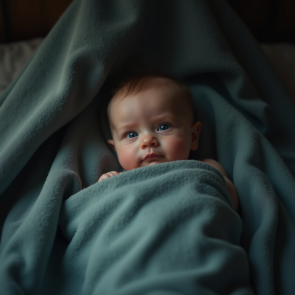 A peaceful baby wrapped snugly in a soft, blue blanket, gazing serenely with a gentle, thoughtful expression.