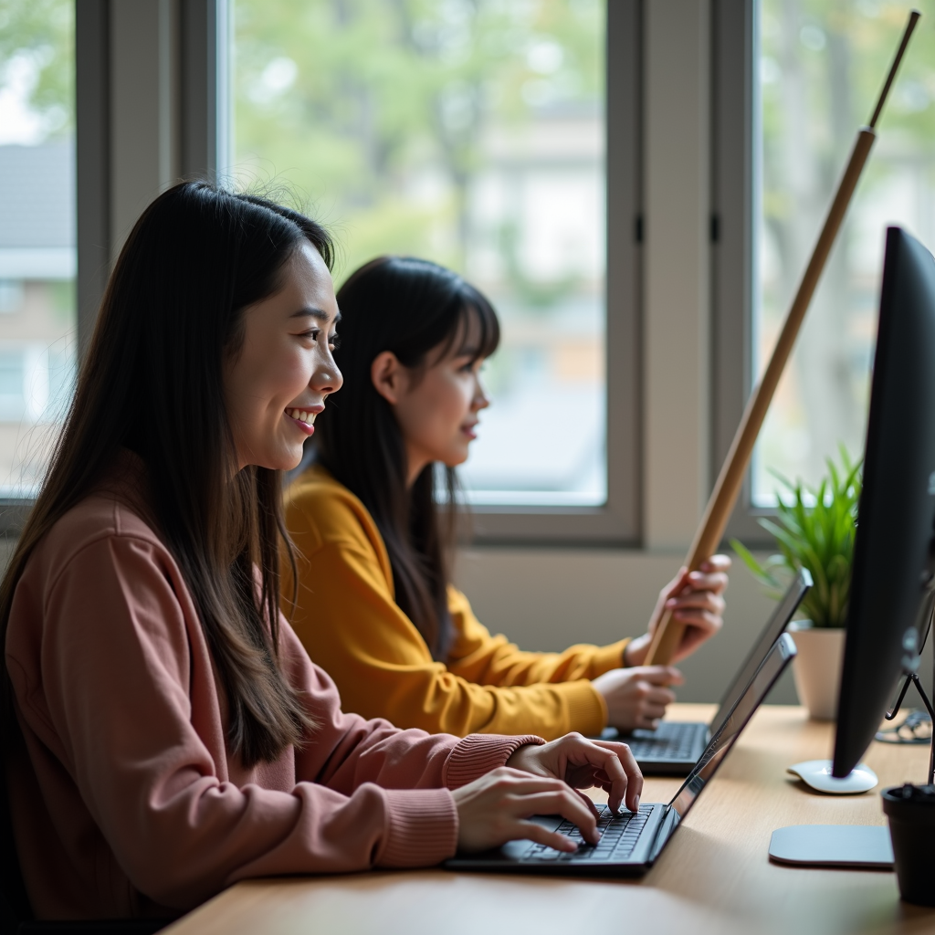 Two women working at a desk with computers, showing focus and teamwork.