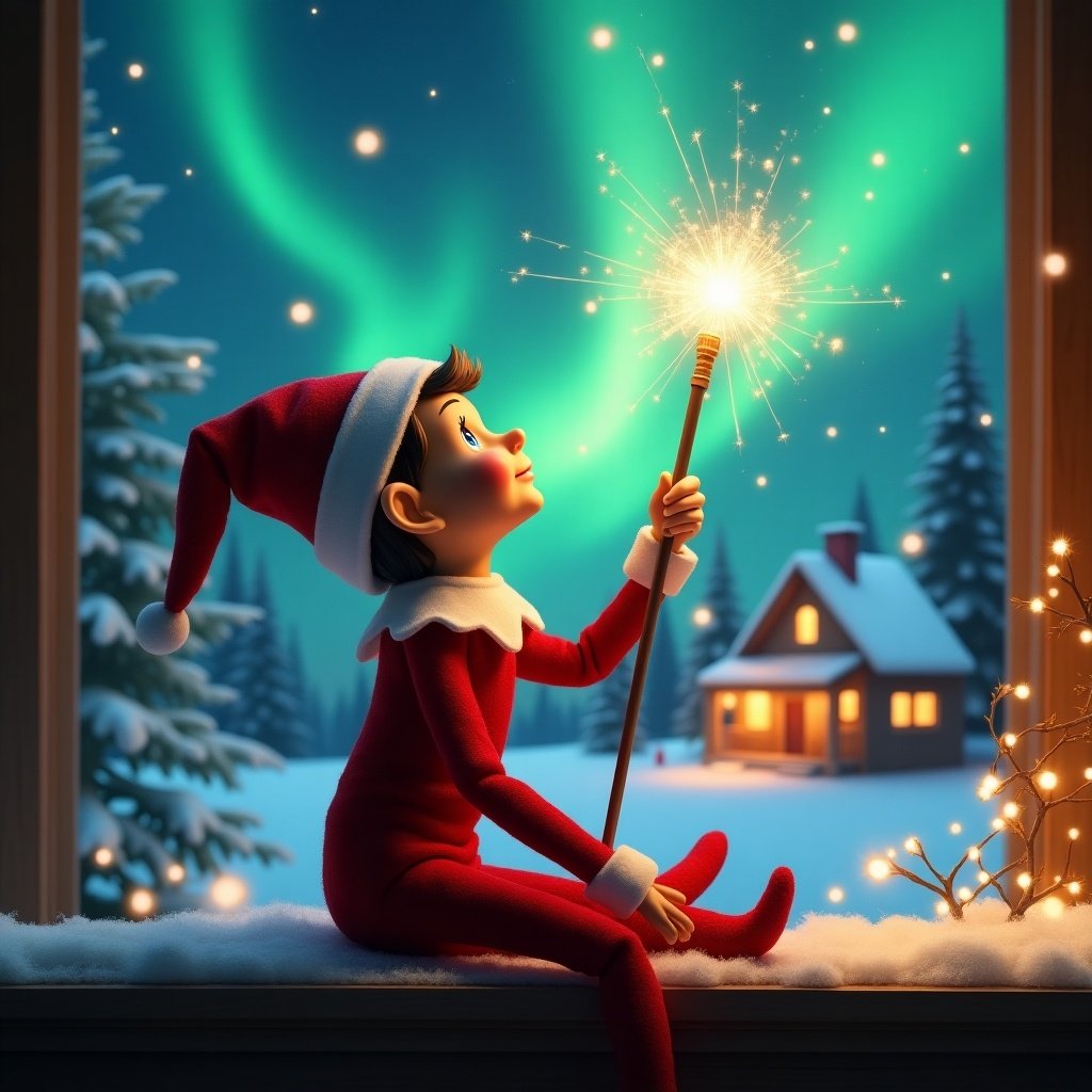 An elf on the shelf sits on a windowsill with its back to the viewer, gazing upward at the mesmerizing northern lights. It holds a magical wand that emits bright, sparkling light into the air. The snowy landscape outside features a charming house adorned with holiday decorations. The scene captures the essence of Christmas magic and wonder, with the elf in a playful and joyful pose, embodying the festive spirit. Surrounding the elf are hints of winter, like snow and twinkling lights, enriching the atmosphere.