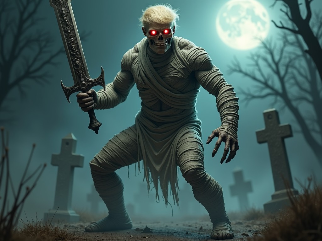 In an eerie graveyard, a fearsome mummy warrior stands with glowing red eyes, wielding a massive sword. The setting is shadowed by a full moon that illuminates the scene with a ghostly blue light, while tombstones and leafless trees enhance the chilling atmosphere.