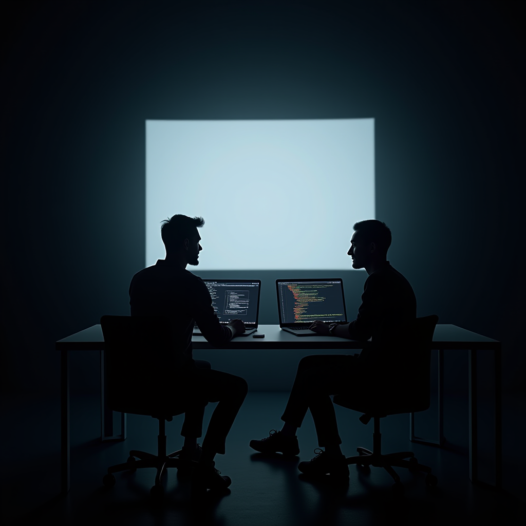 Two silhouetted individuals sit in front of illuminated computer screens displaying code, creating an intense and focused atmosphere.