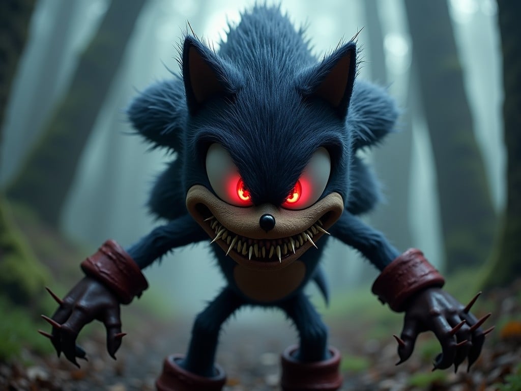 This vivid illustration depicts a ferocious, hedgehog-like creature with glowing red eyes and sharp fangs, creeping forward in a misty, eerie forest. The creature's bright blue fur contrasts starkly with the dark, foggy background, enhancing its menacing presence. The atmosphere is one of mystery and unease, evoking a sense of tension and impending danger.