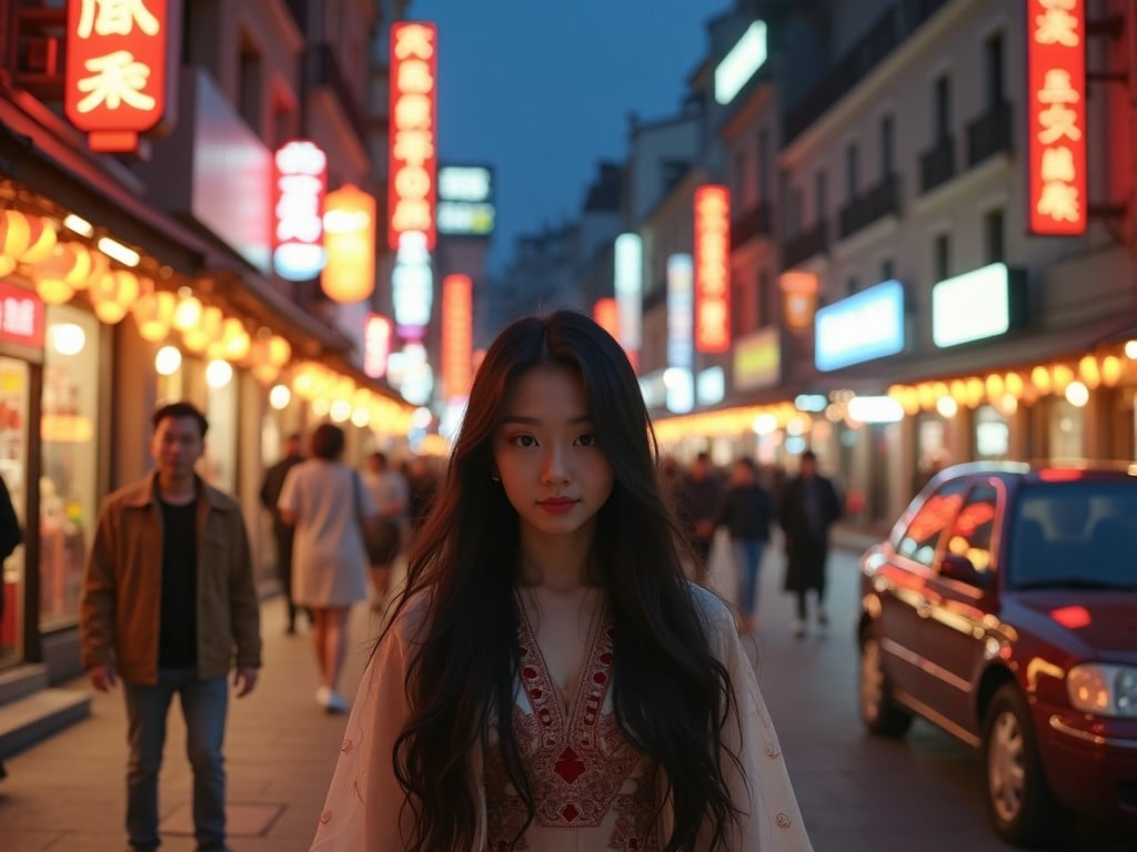 The image captures a night scene on a vibrant street filled with traditional lanterns and neon signs. A young woman stands confidently in the foreground, dressed elegantly, with long flowing hair illuminated by city lights. The surrounding street buzzes with people, creating a lively atmosphere. The warm tones of the lanterns contrast with the cool evening sky, enhancing the visual depth. This scene represents a blend of urban culture and traditional aesthetics, making it appealing to various viewers.