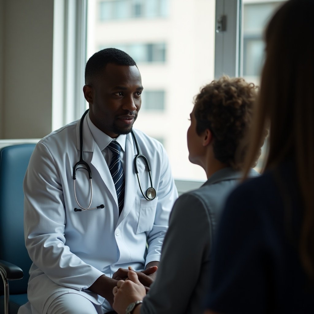 A black doctor in a white coat is engaging in conversation with a patient in an exam room setting. The doctor is wearing a stethoscope, indicating his professional role. There is soft natural light streaming in through a window, creating a warm atmosphere for the consultation. In the background, a shadowy figure represents another person, adding depth to the scene. The focus is on the compassionate engagement between the doctor and the patient, highlighting the importance of communication in healthcare.