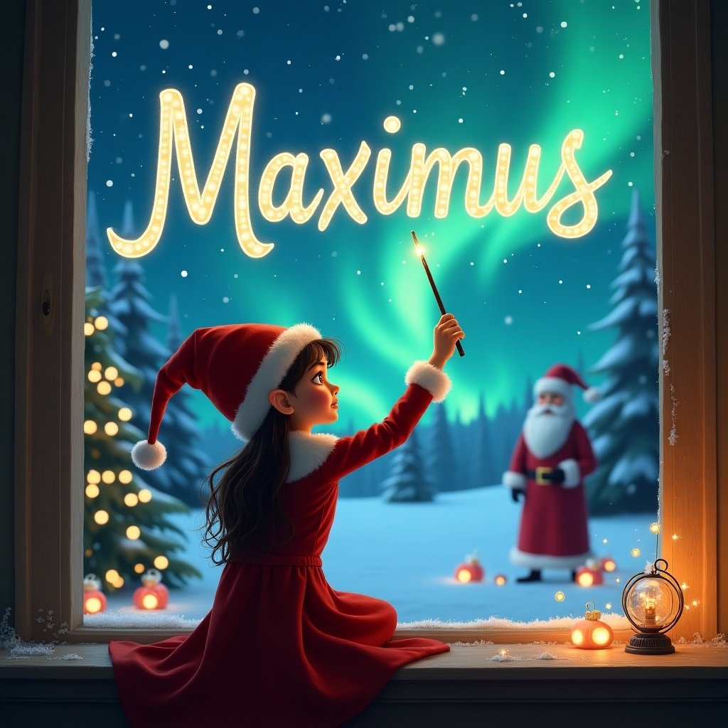 A young girl dressed as an elf sits with her back to the viewer, gazing out of a window. She holds a magical wand in her hand, surrounded by a snowy landscape outside. The sky above features stunning northern lights, and she is writing the name 'Maximus' in glowing letters. In the background, Santa Claus is visible, adding to the festive atmosphere. The scene is bright and enchanting, evoking feelings of joy and wonder during the Christmas season. The color palette includes vibrant greens, reds, and whites, enhancing the holiday spirit.