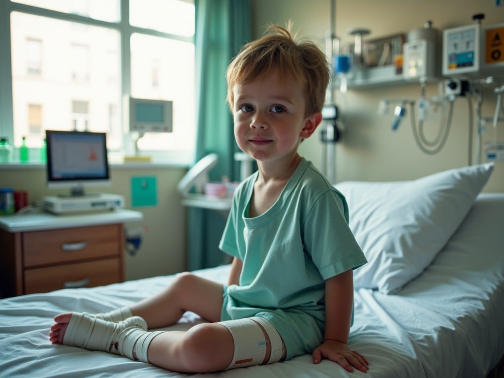 A young boy sits on a hospital bed in an ICU. He has a broken ankle and wrist, with bandages covering his legs and arms. Stitches are visible on the back of his head, indicating recent medical attention. The hospital room is equipped with medical equipment, including monitors and supplies. Soft light filters through the window, illuminating the child's gentle smile despite his injuries. The atmosphere is calm, reflecting the care provided in the pediatric ward.