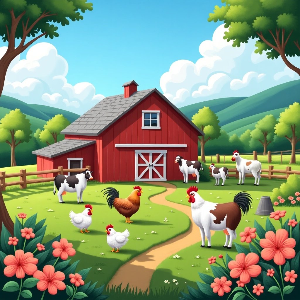 This is a vibrant illustration of a picturesque farm scene. In the foreground, various animals including chickens and cows roam freely. A charming red barn stands prominently, surrounded by lush greenery and blooming flowers. The sky is a bright blue with fluffy clouds, enhancing the cheerful atmosphere. This idyllic setting captures the essence of rural life and agriculture, making it appealing for various uses.