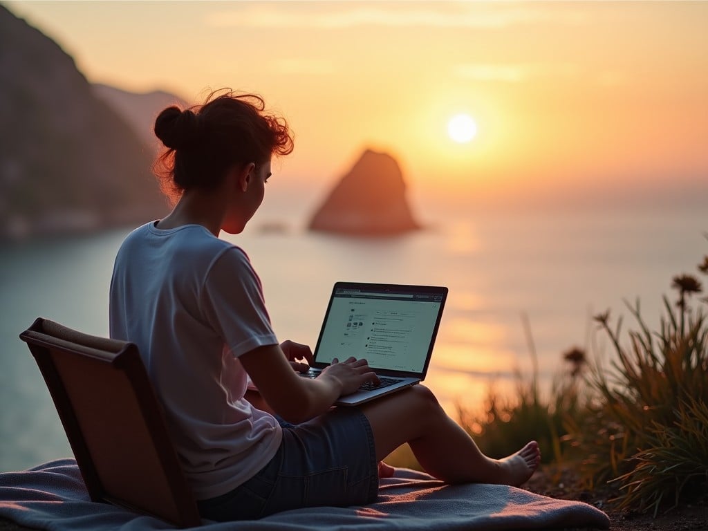 The image features a person working on a laptop, positioned comfortably on a beach or mountain view. The soft, warm sunset lighting creates a tranquil atmosphere. The individual appears focused and content, embodying the digital nomad lifestyle. Surrounding elements suggest a connection with nature, enhancing the sense of freedom. Icons representing travel and laptops might be subtly placed, along with minimalistic text like 'Work From Anywhere'.