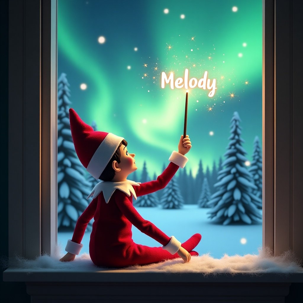 The image showcases an adorable elf on the shelf, seated on a window ledge with a charming winter scene outside. With his back to the viewer, the elf uses a magical wand to create sparkling text forming the name Melody. Above him, the spectacular northern lights illuminate the snowy landscape filled with pine trees. His vibrant red outfit with white trim enhances the cozy, festive atmosphere of the image. The entire scene radiates a magical ambiance, perfect for holiday celebrations.