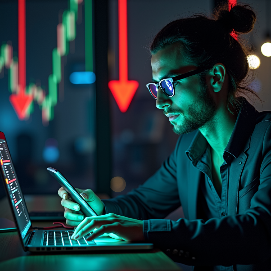 A focused individual with long hair and glasses uses a laptop and smartphone, illuminated by screen light, with glowing red arrows and financial graphs in the background indicating market trends.