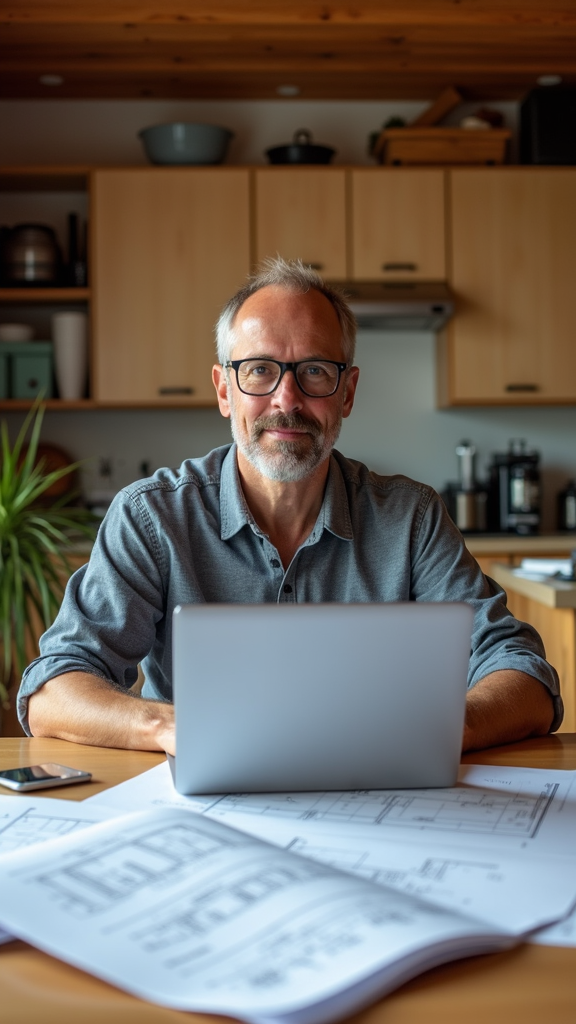 A man in a casual setting reviews architectural plans on a laptop surrounded by drawn blueprints.