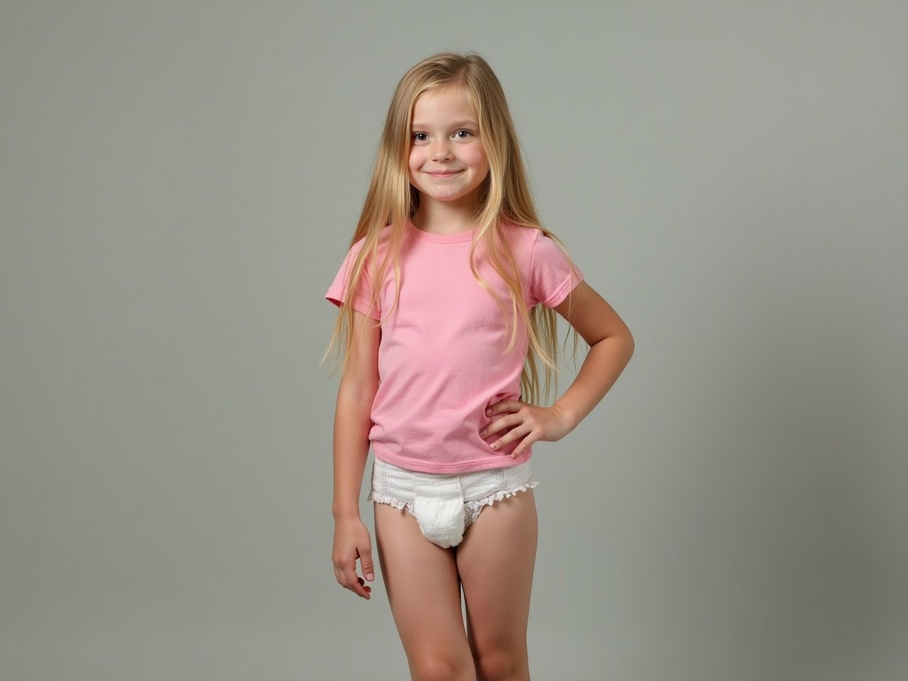 This image features a seven year old girl with long blonde hair. She is wearing a fitted pink t-shirt and a white diaper. The background is a soft gray, which emphasizes her youthful innocence. Her pose is relaxed, with one hand on her hip, exuding confidence. The lighting is soft and inviting, enhancing the overall playful feel of the image. This scene captures a typical moment in early childhood, where comfort and playfulness are paramount. It's an adorable representation of toddler fashion paired with a casual home setting.