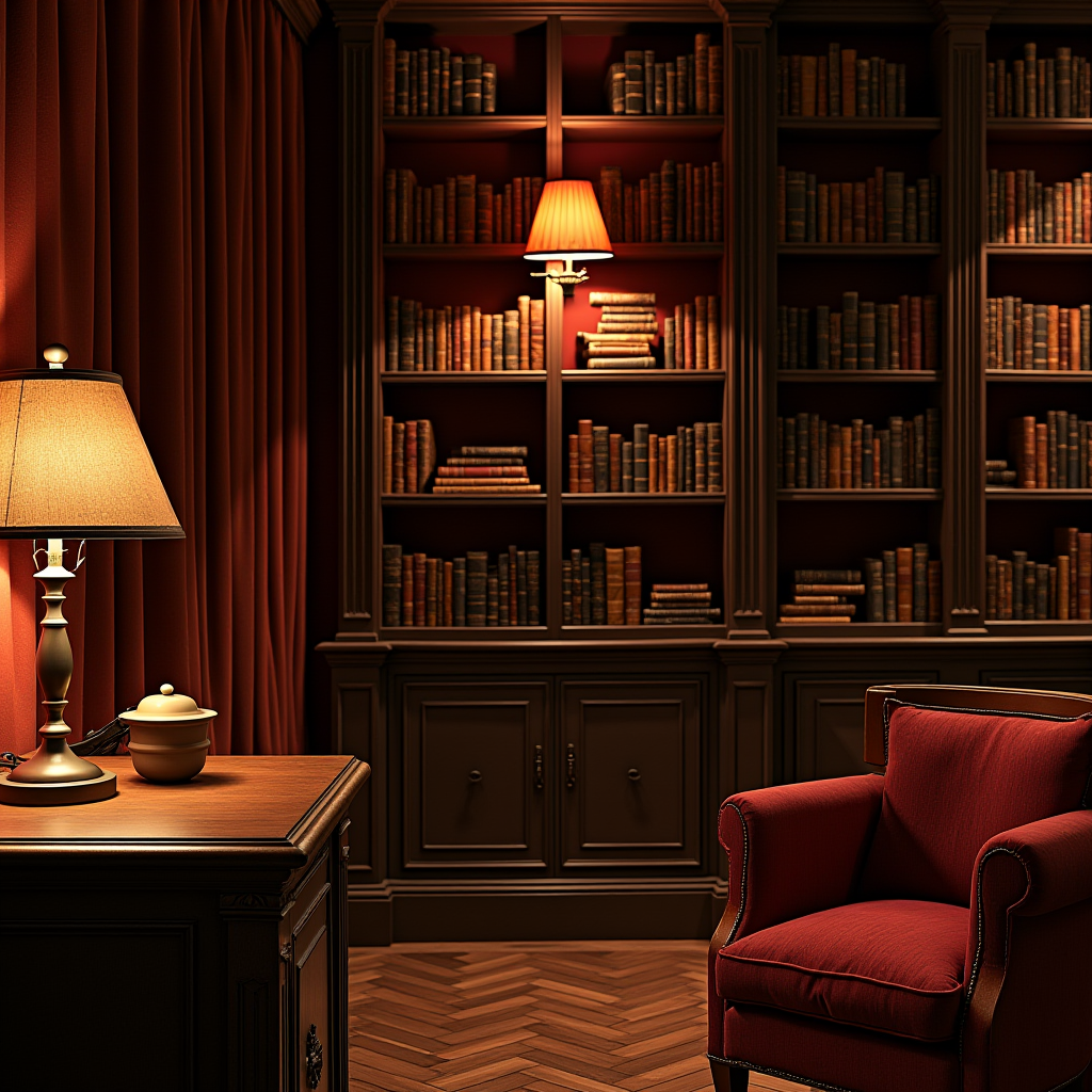 A warmly lit library corner featuring a red armchair, wooden shelves filled with books, and elegant lighting.