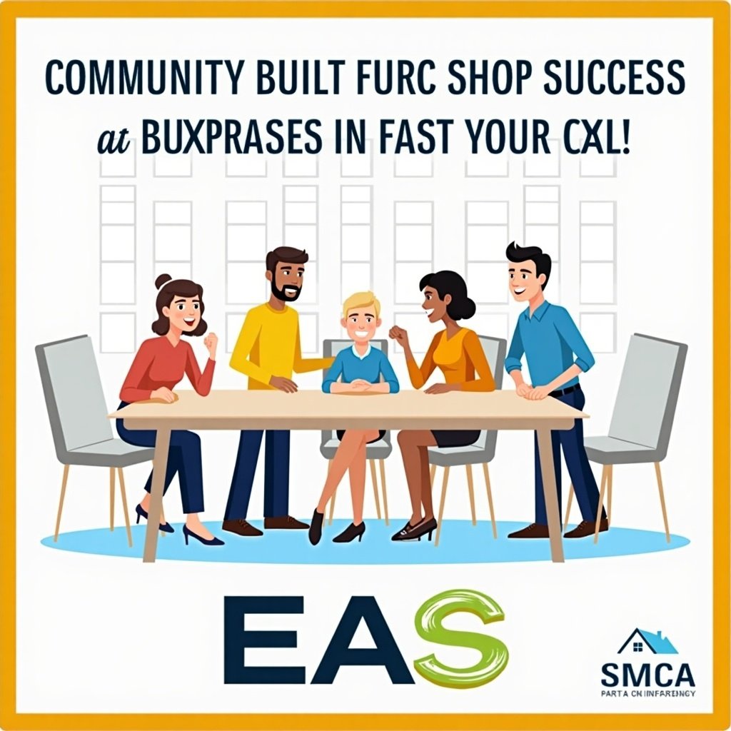 The image showcases a diverse group of five individuals seated around a table. They appear to be engaged in a lively discussion about community-focused initiatives. The setting is brightly lit, enhancing the vibrant colors used in the illustration. The background features cheerful colors, creating a positive atmosphere for collaboration. The text promotes a community program aimed at fostering local business success.