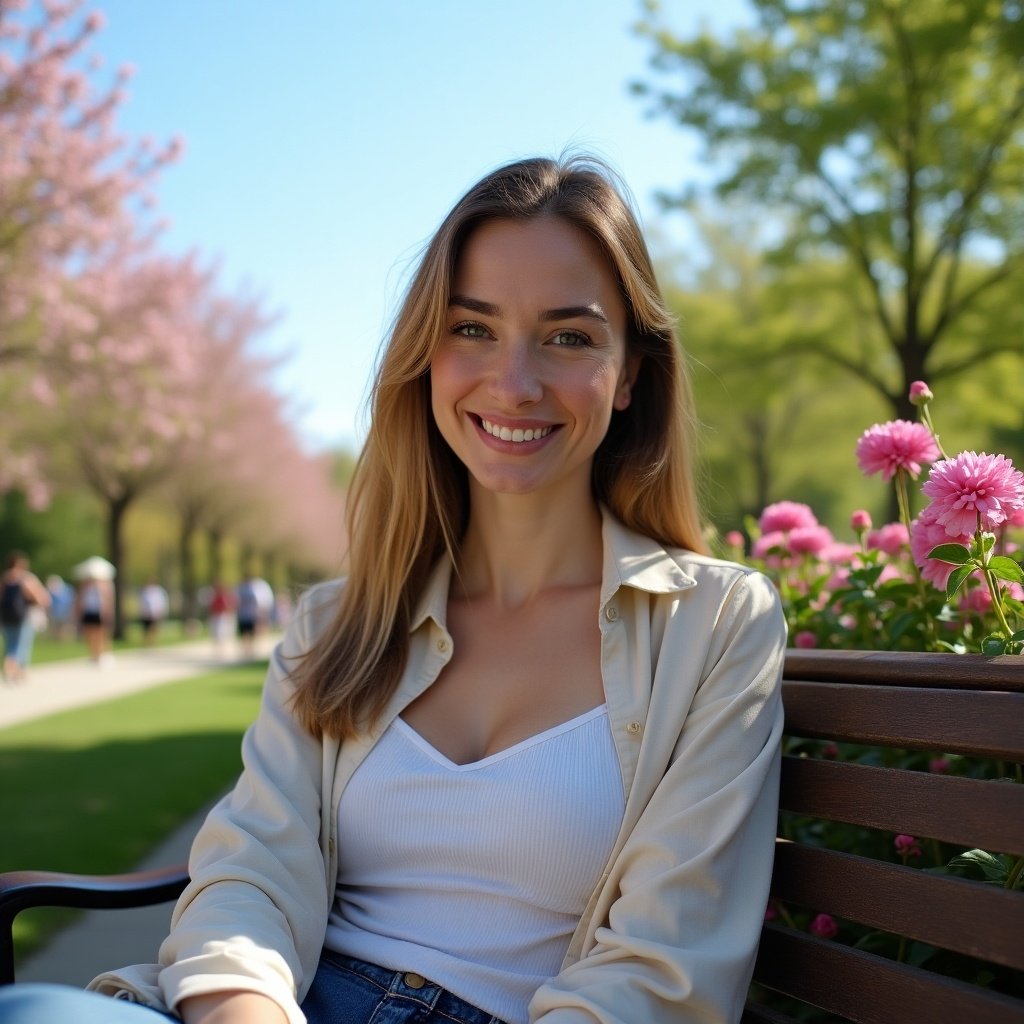 A woman is sitting on a bench in a beautiful park during spring. She is smiling and radiating confidence, surrounded by flowering trees and vibrant flowers. Her outfit consists of a comfortable white top and fitted jeans. The lighting is bright and cheerful, highlighting the lively atmosphere of the park. The overall scene conveys a sense of joy and tranquility, perfect for showcasing a casual lifestyle.