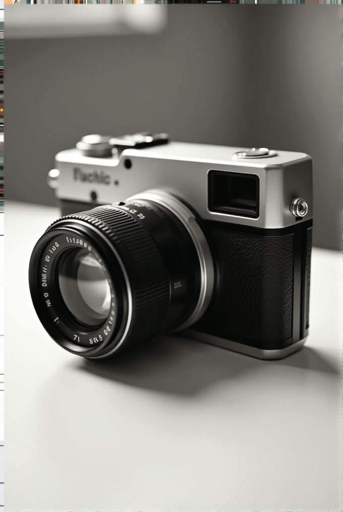 A classic rangefinder camera with a sleek silver body and black leather grip, featuring a prominent lens on a clean surface.