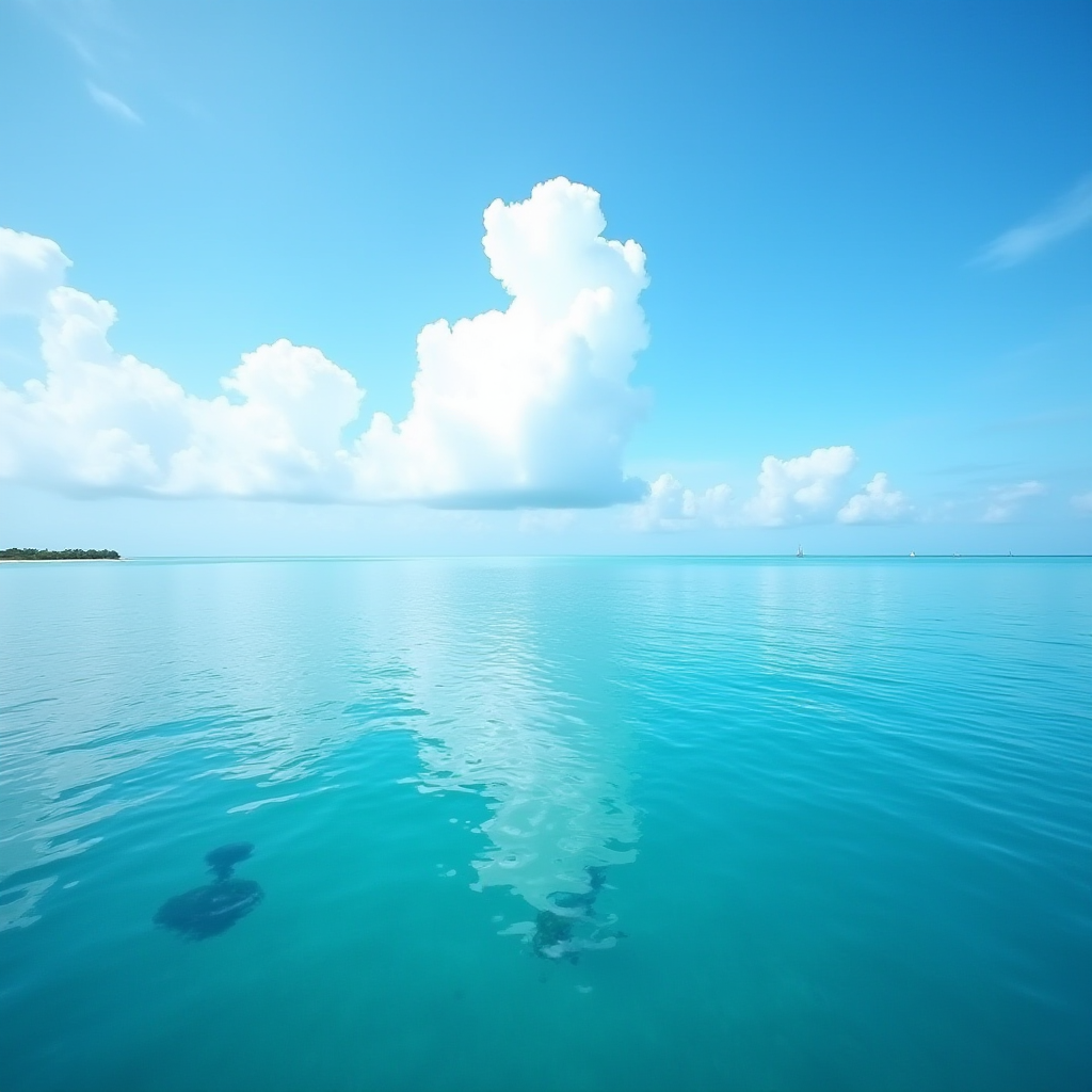 A tranquil ocean scene with fluffy clouds reflecting on the calm water.