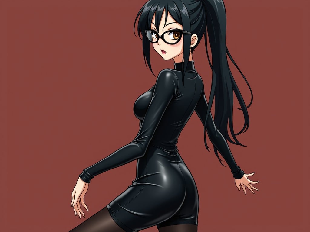 The image showcases an anime-style character in a dynamic pose. She has long, black hair tied in a high ponytail and wears stylish glasses. Dressed in a form-fitting black outfit, the character stands against a plain brown background, lending focus to her expressive eyes and confident stance.