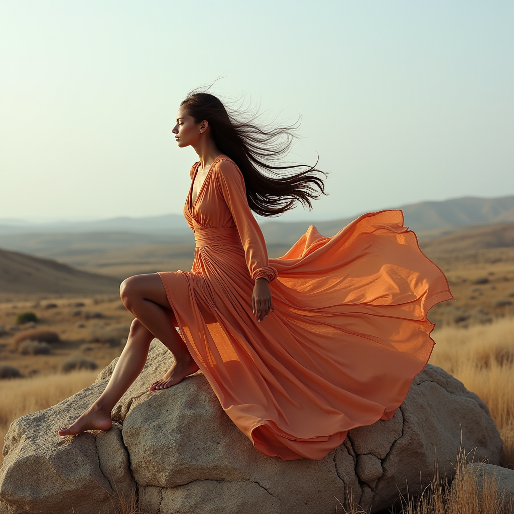 A woman in a flowing orange dress sits gracefully on a rock in a vast desert landscape, with her hair and dress billowing in the wind.