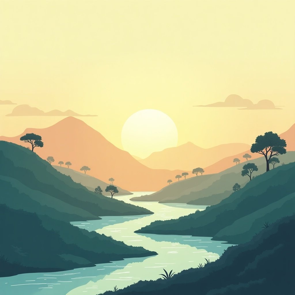 This image depicts a serene landscape featuring rolling hills and a winding river at sunset. The soft gradient of the yellow sky transitions into muted greens of the hills. Silhouetted trees dot the landscape, adding depth and character. This tranquil scene evokes a sense of calm and peace. It's reminiscent of the ambiance often associated with lofi music, providing a visual escape that pairs well with soothing sounds.