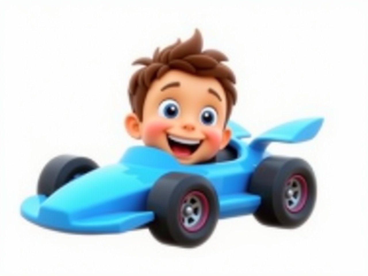 The image features a cartoon-style racing car with a cheerful child’s face superimposed on it. The car is designed in a vibrant blue color with exaggerated features, such as oversized wheels and a sleek body. The child appears to be smiling enthusiastically, suggesting excitement and joy. The background is plain white, which highlights the car and the child's face. This playful composition gives a whimsical feel, as if the child is having a fun time driving the race car.