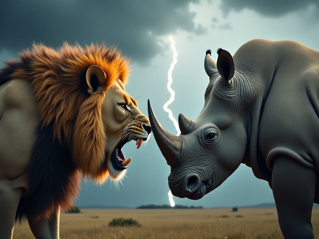 Create a dramatic image featuring a lion and a rhino positioned face to face, showcasing fierce and angry expressions. The lion should have a majestic mane, glowing gold in the dim light. The rhino should emphasize its large frame and characteristic horn. The background should be stormy, filled with dark clouds and striking lightning, reflecting the intensity of their confrontation. The compositional elements should evoke a feeling of tension and power, drawing the viewer into the scene with an exhilarating vibe.