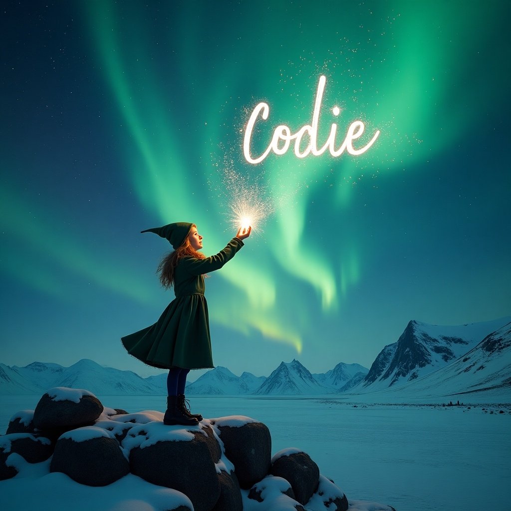 In a magical landscape at night, a girl dressed as an elf stands on a rocky outcrop. She casts glimmering sparkles into the air, looking up with pure wonder. The northern lights shimmer overhead, casting a beautiful glow across the snowy scene. Snow blankets the ground, enhancing the magical atmosphere. In the sky, she creates the name 'Codie' with her magic. The image captures an enchanting sense of adventure and the beauty of nature.