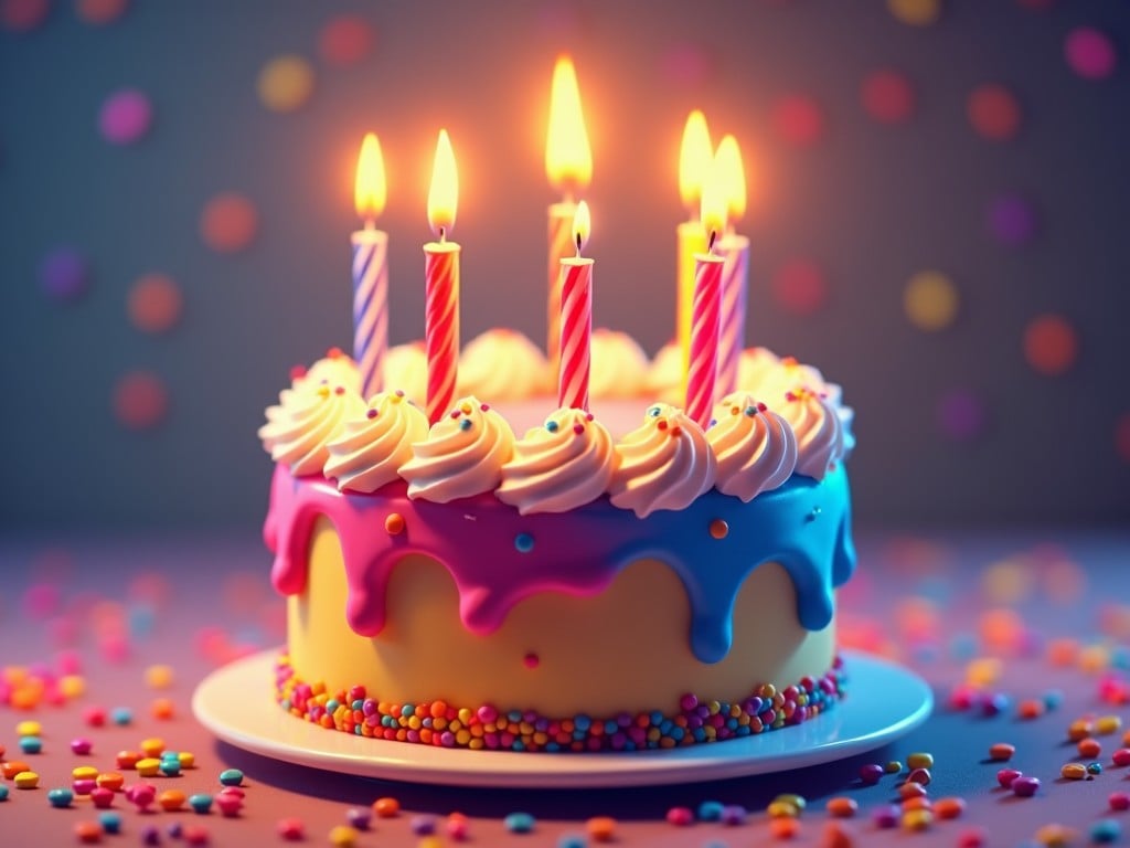 birthday cake with candles, colorful frosting, sprinkles, festive atmosphere