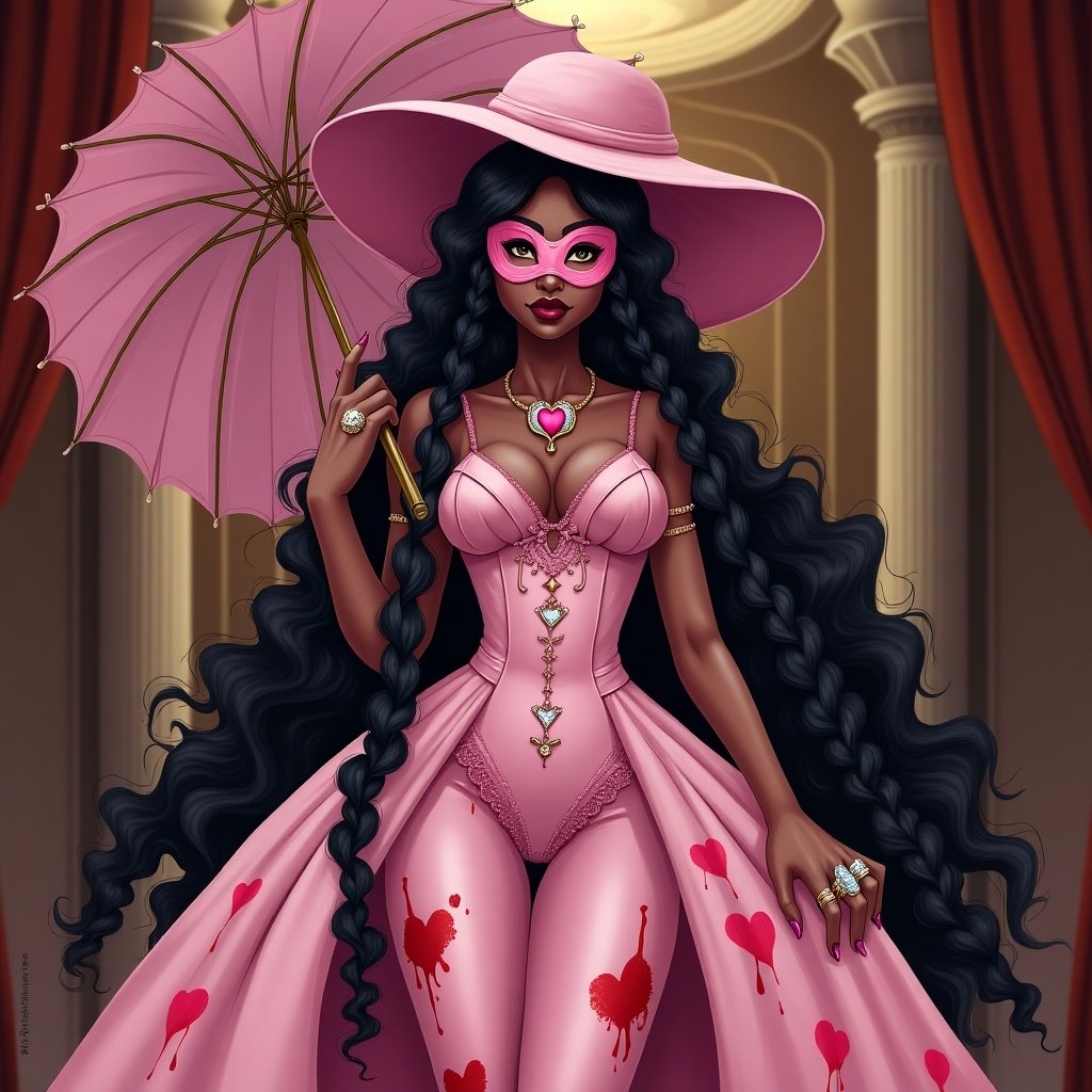 In a lavish setting, a tall African woman stands elegantly, showcasing a fancy pink dress with red heart-shaped stains like a wound. This eye-catching attire is paired with a floppy hat, and magenta markings adorn her body. Long, braided black hair cascades down her back, framing her face, which is partially covered by a pink heart-shaped mask. Sparkling diamond rings embellish her fingers, complementing the heart-shaped medals on her dress. She gracefully holds a parasol, adding sophistication to her enigmatic presence.