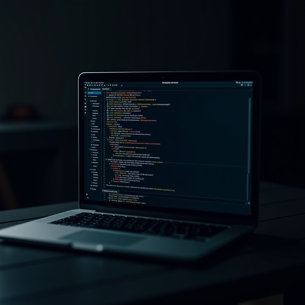 A laptop on a dark wooden table displays colorful code on its screen, illuminated by a dim light in a dark room.