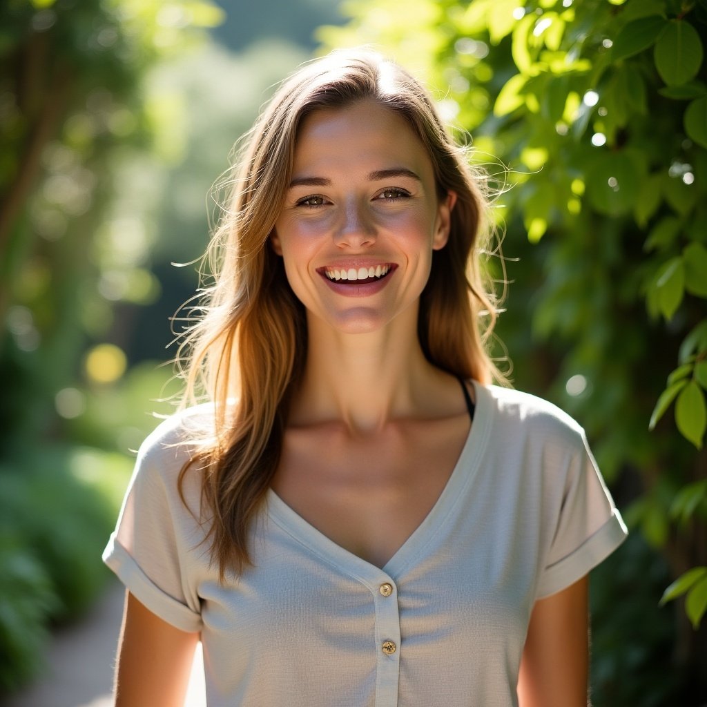 This image features a portrait of a woman standing in a lush garden, resonating with vibrant greenery. She has a friendly smile and appears to be engaged in conversation, suggesting a sense of warmth and approachability. The photograph captures her from the front, highlighting her natural beauty and casual attire. A soft natural light enhances the scene, emphasizing the positive atmosphere. The garden surroundings add an element of tranquility and connection to nature, making this an ideal representation of joyful outdoor living.