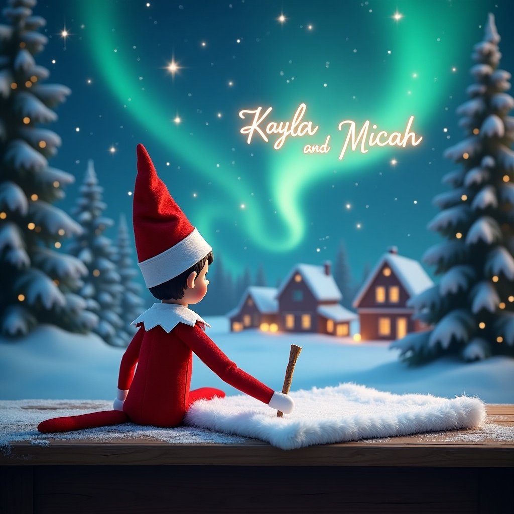 A charming Elf on the Shelf is sitting at a wooden table, writing names on a fluffy white cloth. The elf is dressed in a classic red outfit with a white collar and a pointy red hat. Soft snowflakes are falling around, creating a whimsical winter atmosphere. The background is a deep blue, enhancing the festive mood, while sparks of fairy lights and stars can be seen in the air. The elf faces the sky, using a wand to write 'Kayla and Micah' in the clouds, with a magical Christmas setting in the backdrop, highlighted by the Northern Lights and a cozy village. Snow-covered trees frame the scene, filled with holiday joy and wonder, perfect for a children's Christmas theme. The names written in the clouds twinkle with a soft glow, adding to the festive atmosphere.