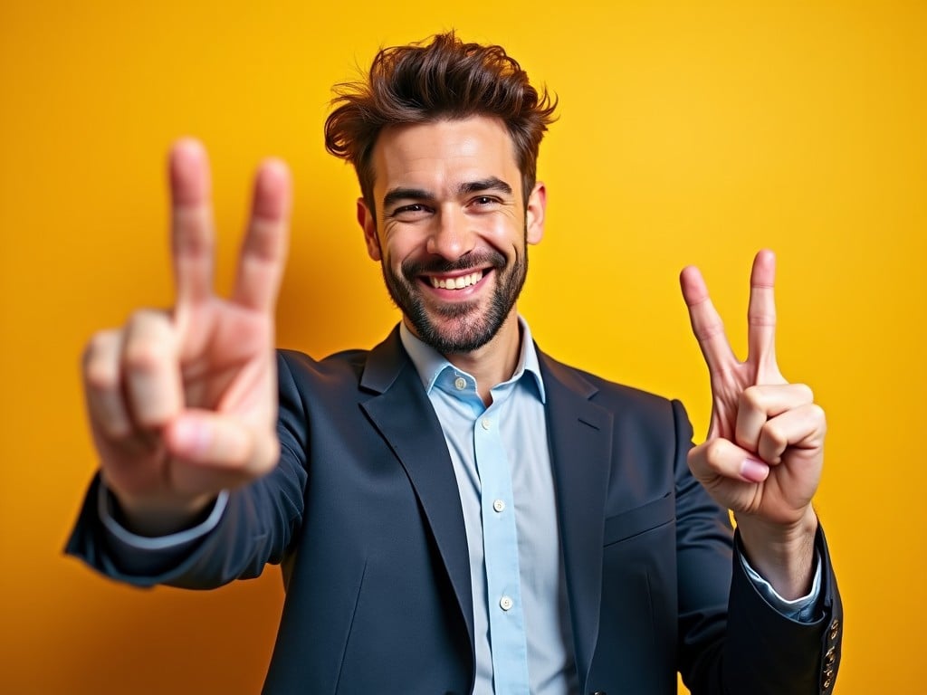 A smiling man in a suit making peace signs with both hands, set against a vibrant yellow background.