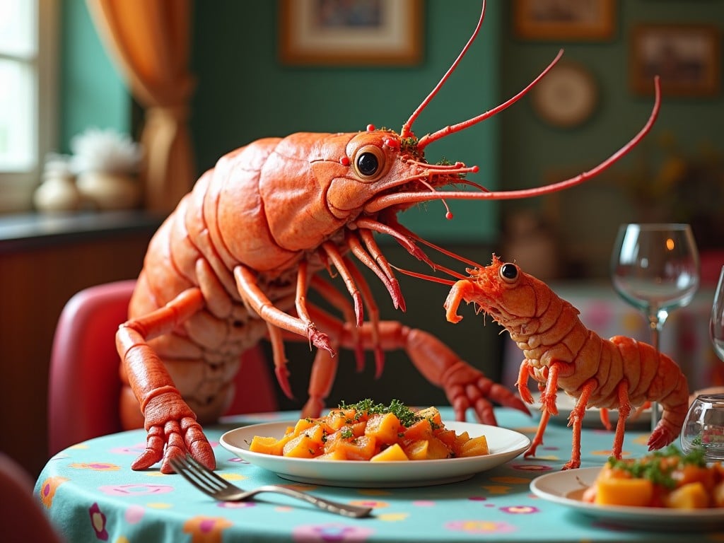 A whimsical scene featuring two prawns, one much larger than the other, at a cozy dinner table. The large prawn, resembling a lobster, is animatedly presenting a plate of food to the smaller prawn. The table is adorned with a colorful tablecloth and cheerful decor, emphasizing a lighthearted dining experience. The background features warm tones and elegant furnishings typical of a quaint restaurant. This composition creatively explores the concept of dining and camaraderie among seafood characters.