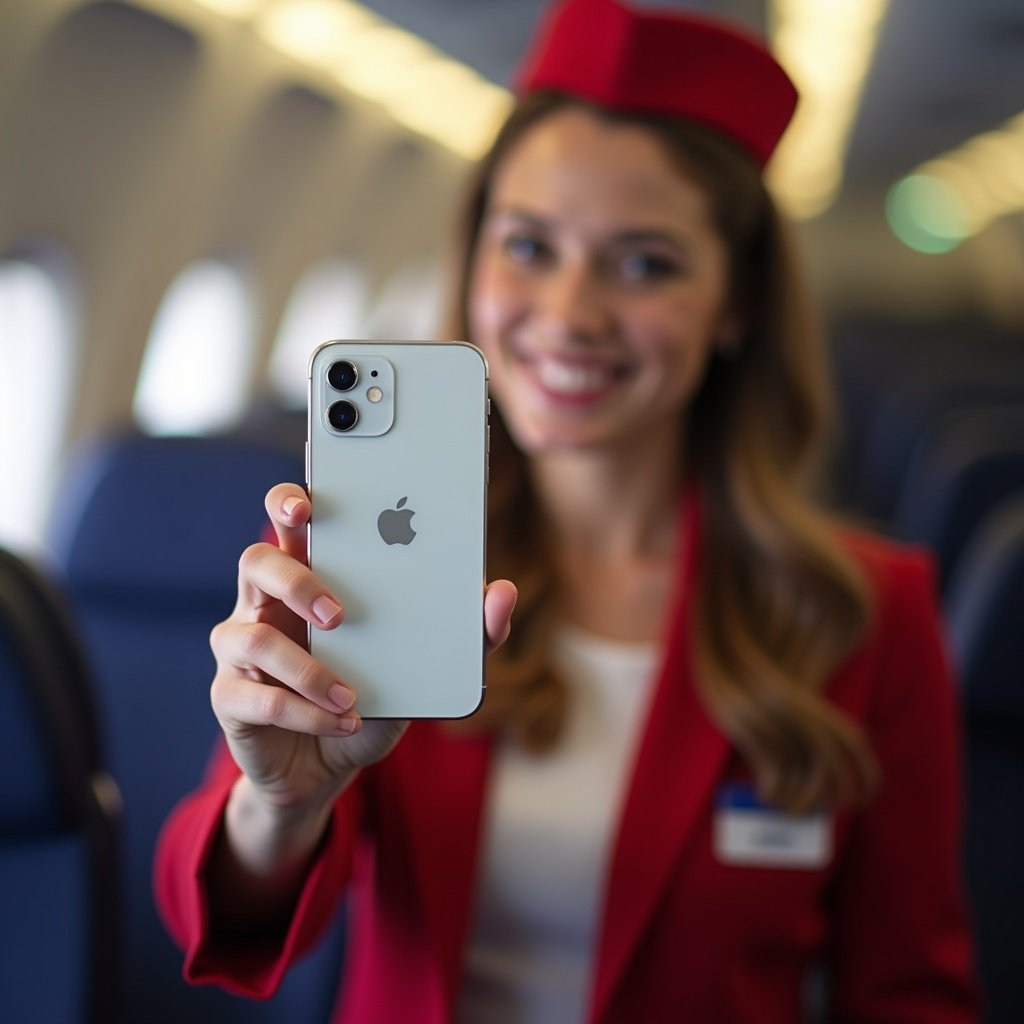 Flight attendant holding a smartphone inside an airplane, focusing on the device with the person slightly blurred in the background.