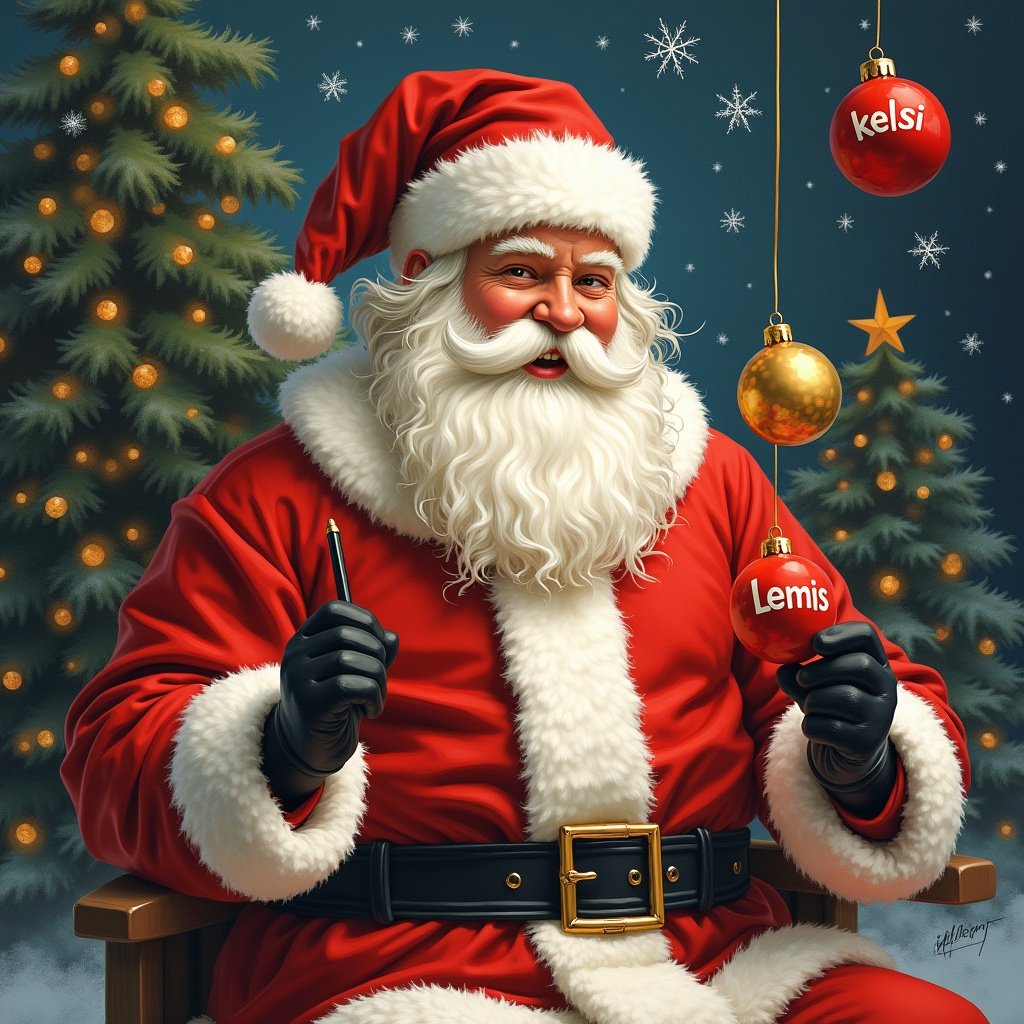 This image showcases a jolly Santa Claus character, smiling warmly while holding two decorative baubles. One bauble is golden and the other is light blue, each decorated with playful names written artistically. The background has subtle hints of holiday decor, with faint greenery and twinkling lights. Santa's iconic red outfit and fluffy white beard add to the festive spirit. This scene evokes feelings of joy and warmth during the Christmas season.