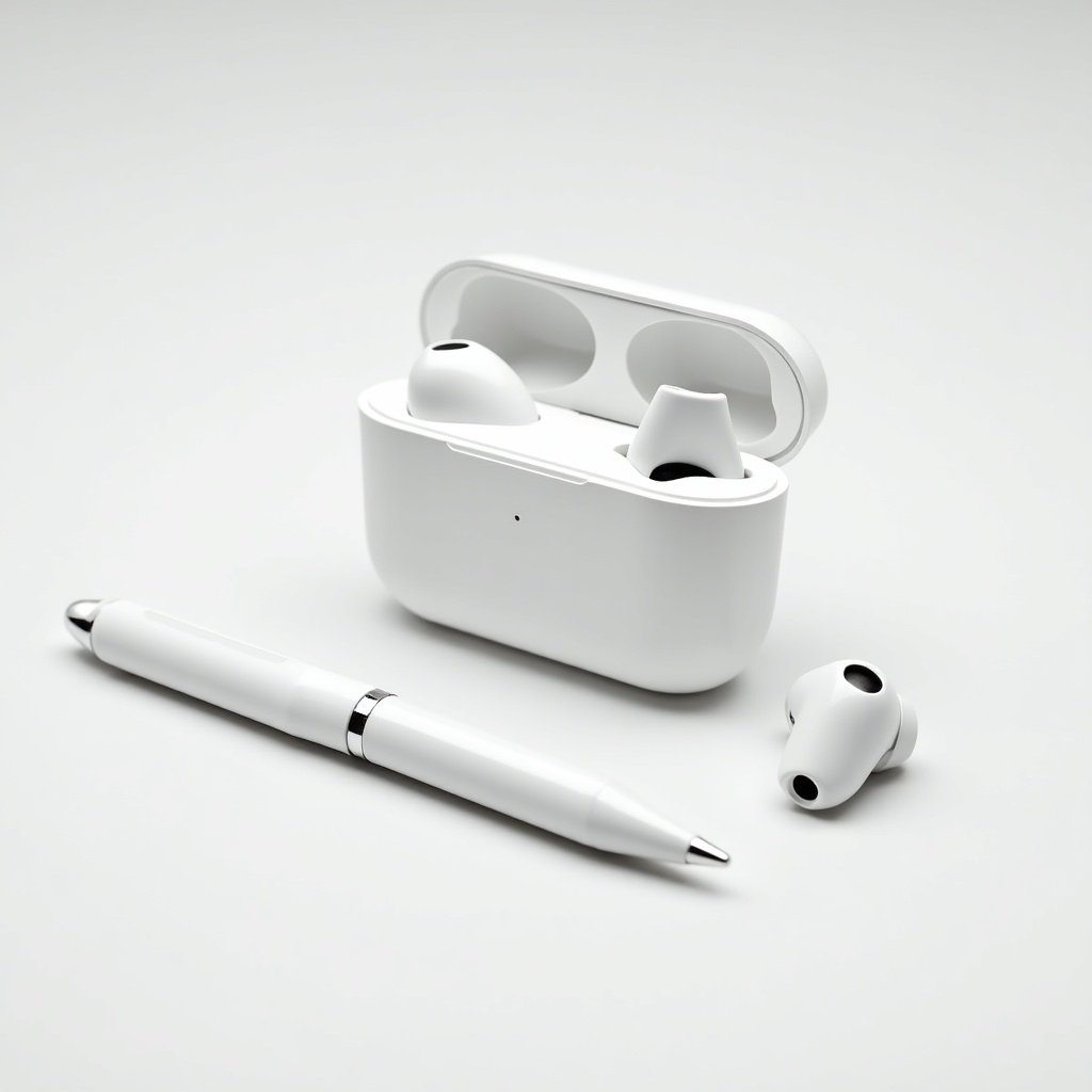 The image shows a pair of white wireless earbuds in an open charging case, next to a white pen. The background is a smooth, white surface, enhancing the minimalist aesthetic. The earbuds have a modern design, complementing the sleek appearance of the pen. This composition is perfect for showcasing technology and accessories. It emphasizes simplicity and functionality in gadget design.