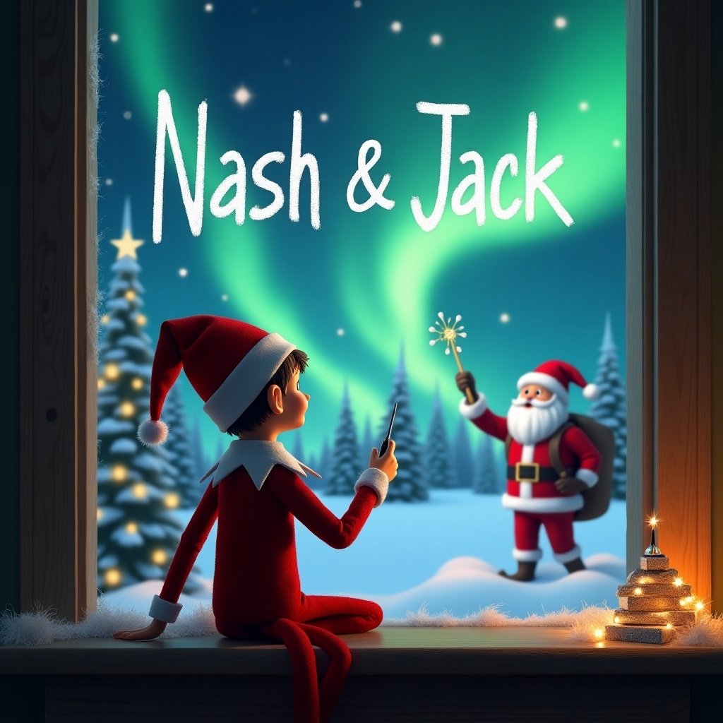 An elf on the shelf is seated with its back to the viewer, gazing up at a magical sky filled with northern lights. The elf holds a wand and is using it to write the name 'Nash & Jack' in sparkling letters. In the background, Santa Claus can be seen, adding to the festive atmosphere. The outside scene is a winter wonderland with snow-covered trees and twinkling lights. It's a cozy, enchanting setting perfect for the holiday season.