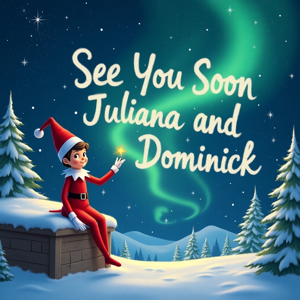 An elf sitting on a snow-covered ledge during Christmas, surrounded by trees. The elf is wearing a bright red outfit and has a cheerful expression. Above the elf, the sky has glowing northern lights with the text 'See You Soon Juliana and Dominick' crafted in a whimsical font. The scene is serene and festive, capturing the magic of the holiday season. Snow gently blankets the landscape, creating a cozy atmosphere. This artistic depiction draws the viewer into a cheerful, holiday spirit mood.