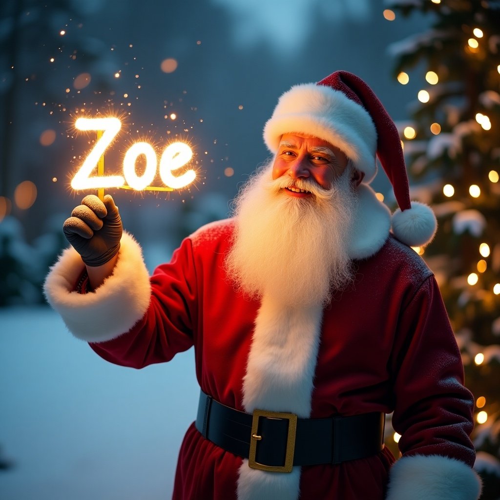 In a snowy winter landscape, Santa Claus is illuminated by soft, warm lights. He has a jolly smile and is adorned in his classic red suit with white fur trim. In his gloved hand, he holds a glowing stick, artistically creating the name 'Zoe' in the air. The background is filled with shimmering Christmas lights, adding to the magical ambiance. This scene captures the essence of holiday cheer and personalization, making it perfect for decorating or gifting.