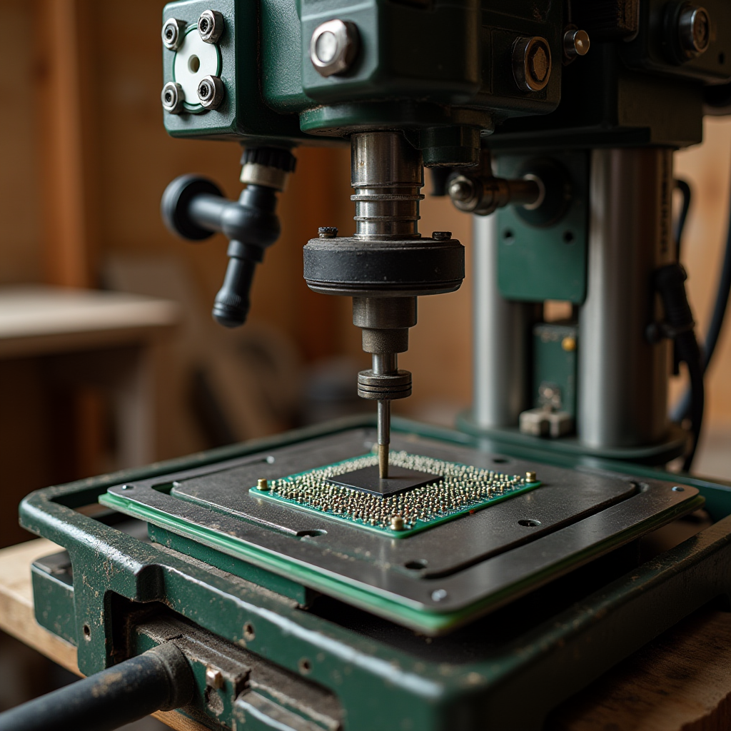 A close-up of a drill press machining a computer processor on a workbench.