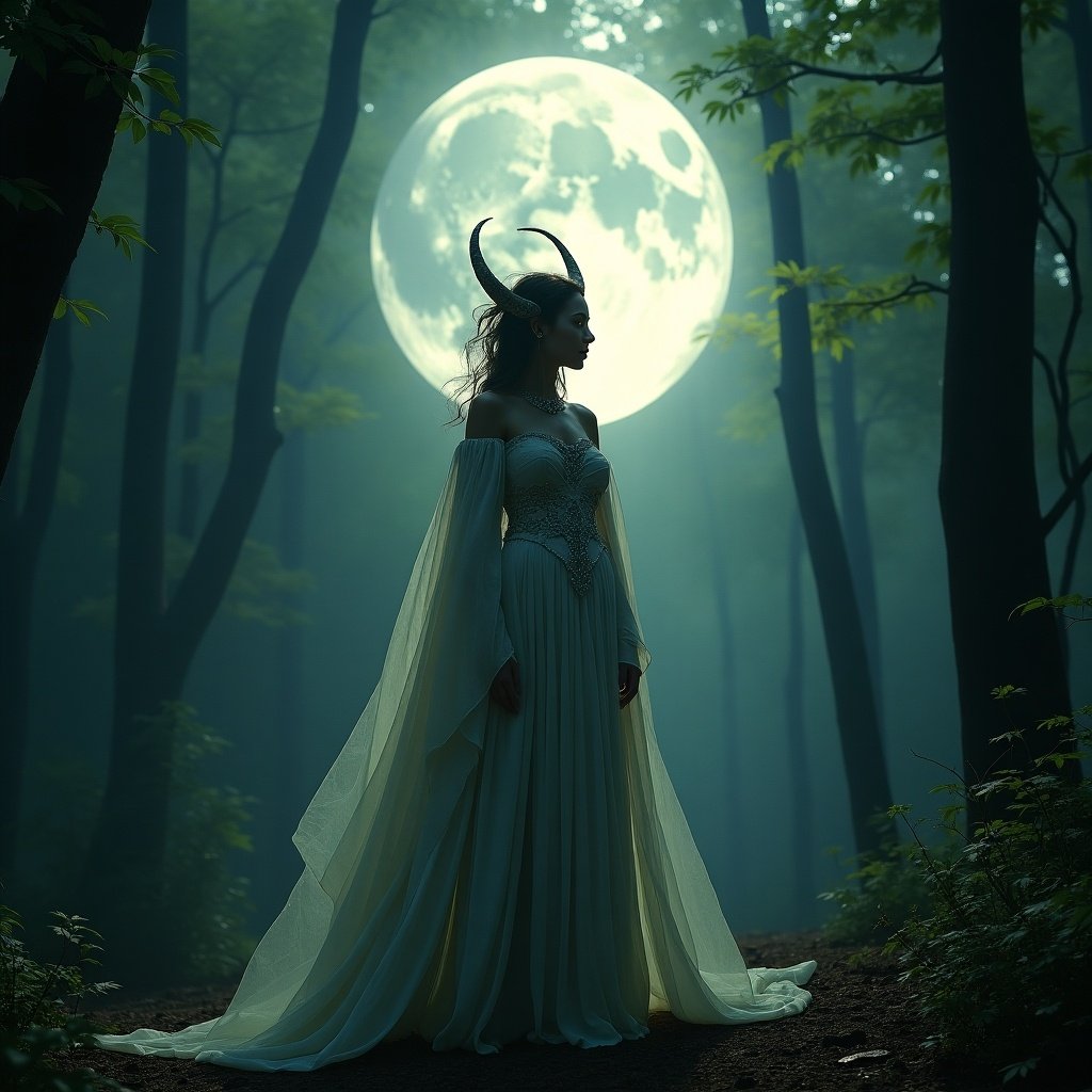 The image depicts an elf standing majestically in a moonlit forest. She is adorned in a flowing gown that hints at her ethereal beauty, with intricately designed elements that reflect her tribe's ancient culture. Her horns add a touch of mysticism, emphasizing her connection to nature. The backdrop showcases a large, luminous moon, illuminating the surrounding trees and creating an enchanting atmosphere. This scene captures the essence of a proud, immortal race that inspires awe and wonder.