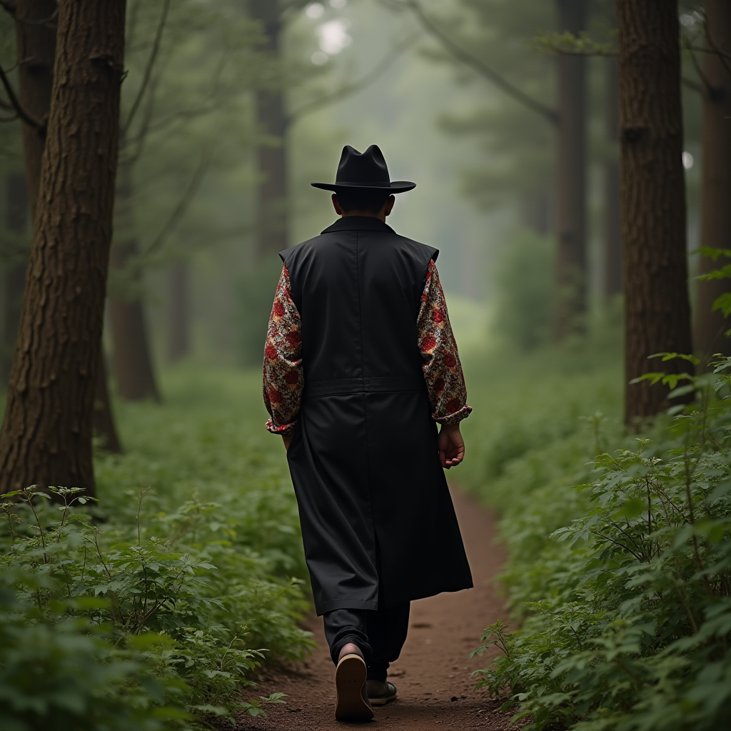 A person in a long coat and hat walks through a misty, dense forest path.