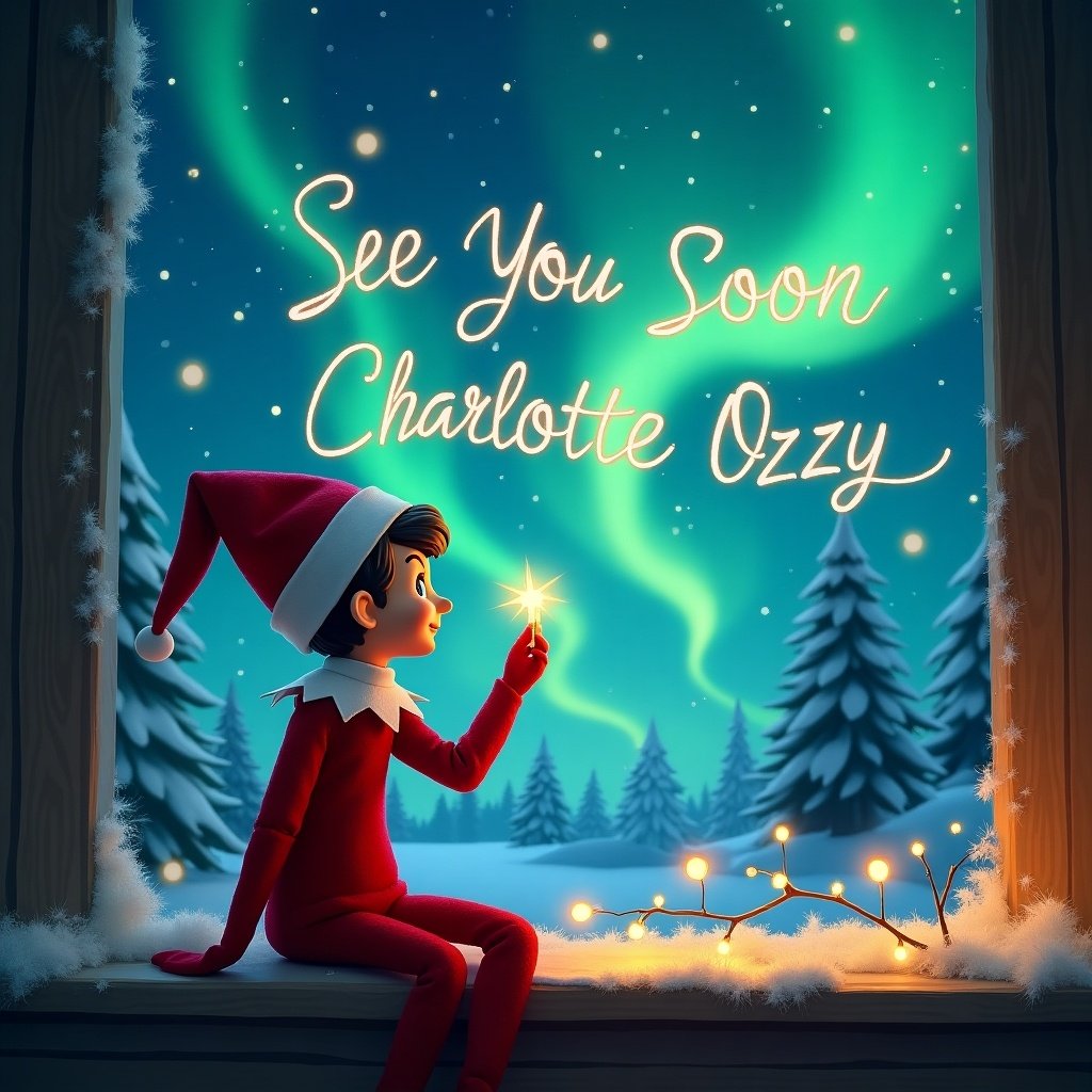 The image features a child dressed as an elf, sitting on a window sill. He holds a glowing star while looking up at the night sky, where the text 'See You Soon Charlotte Ozzy' is written amid vibrant northern lights. The setting is cozy, with snowy trees visible outside. Warm fairy lights create a festive atmosphere inside the room. The scene captures the magic of the holiday season, combining whimsy with a heartfelt farewell message. It illustrates the joy and anticipation of Christmas.