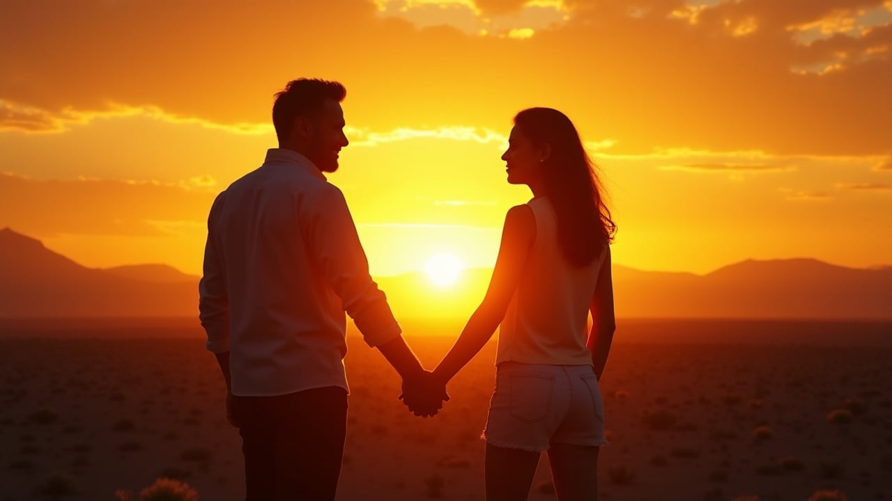 A couple holding hands, walking into the sunset in a desert landscape.